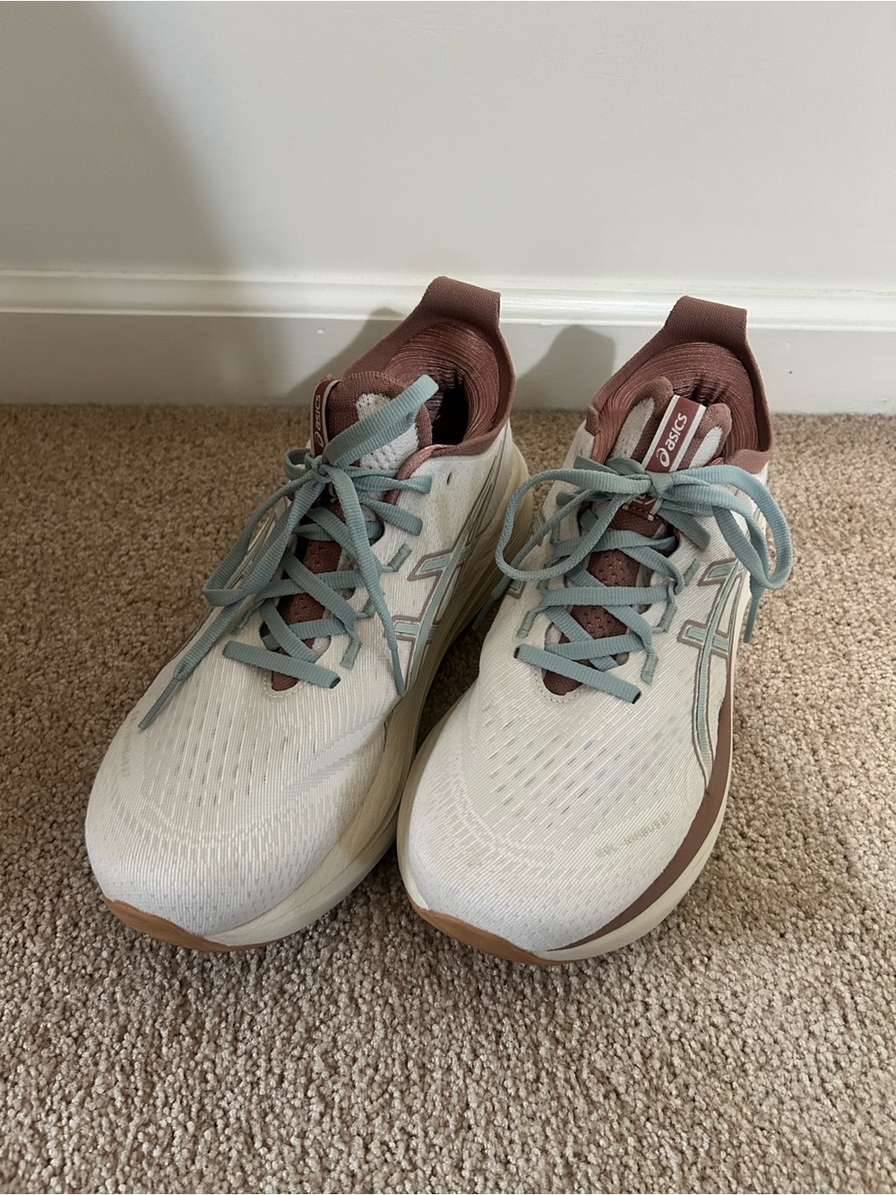 ASICS Women's Cream and Brown Athletic Running Shoes with Light Blue Laces